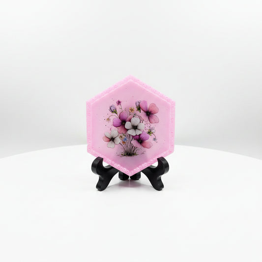 Pink Hexagon Tray with Beaded Border and Floral Design