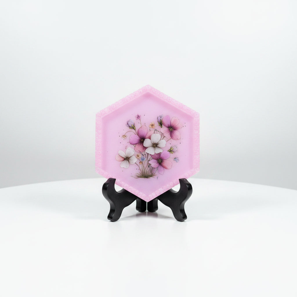 Pink Hexagon Tray with Beaded Border and Floral Design