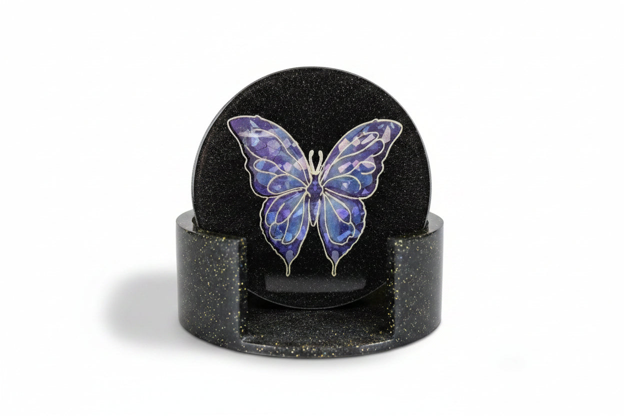 **Handcrafted Midnight Black Butterfly Resin Coaster Set with Holder - Black & Silver Celestial Decor | Crazy Chaotic Crafter**