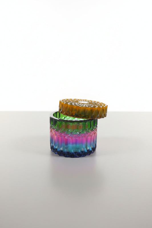 Multicolor Faceted Glass Trinket Box | Decorative Rainbow Storage Jar