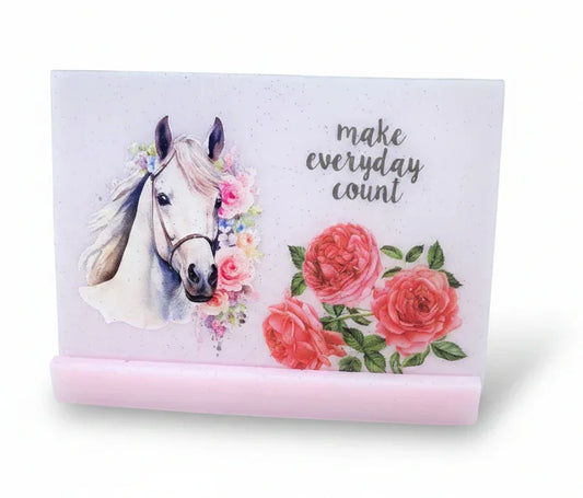 **Handcrafted Floral Horse Resin Plaque - "Make Everyday Count" Inspirational Wall Art | Peach Pink Decor by Crazy Chaotic Crafter**