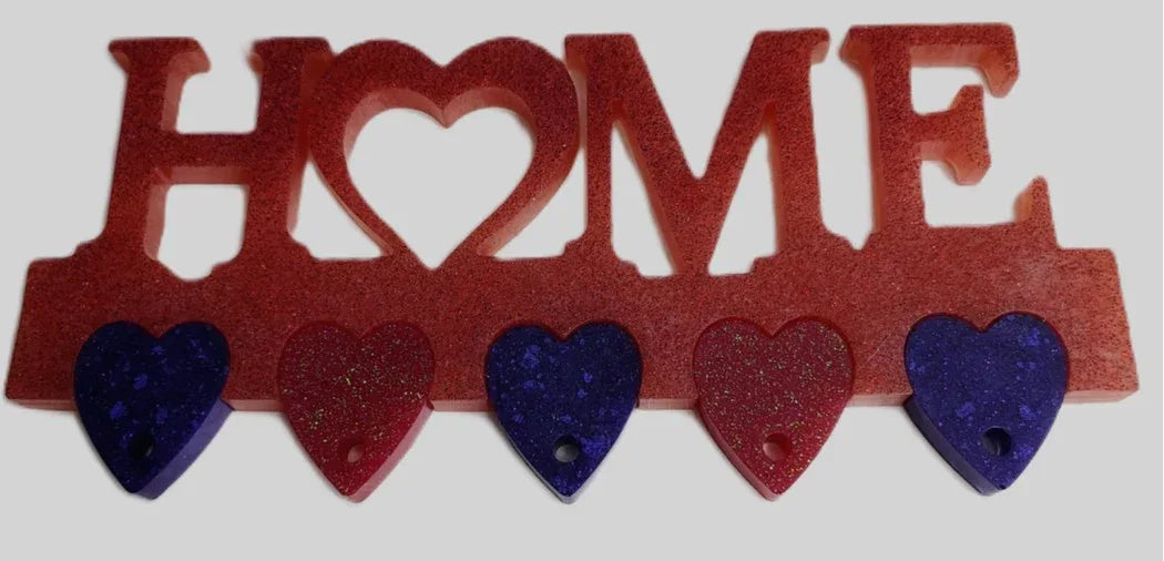 **Handcrafted Red Glitter "HOME" Resin Key Rack - Deep Purple and Pink Shimmer Heart Tags Wall Art | Crazy Chaotic Crafter**
