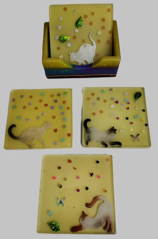 **Handcrafted Yellow Springtime Cat Resin Coaster Set with Holder - Whimsical Feline Table Decor | Crazy Chaotic Crafter**