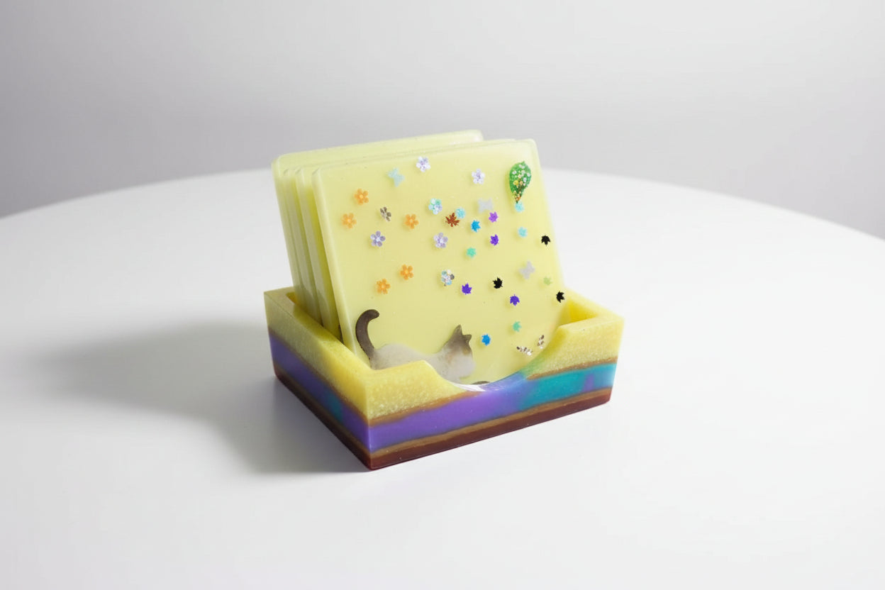 **Handcrafted Yellow Springtime Cat Resin Coaster Set with Holder - Whimsical Feline Table Decor | Crazy Chaotic Crafter**