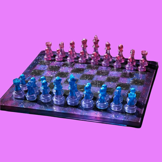 blue side view of Handcrafted cosmic purple and blue galaxy resin chess set with holographic glitter pieces by Crazy Chaotic Crafter.