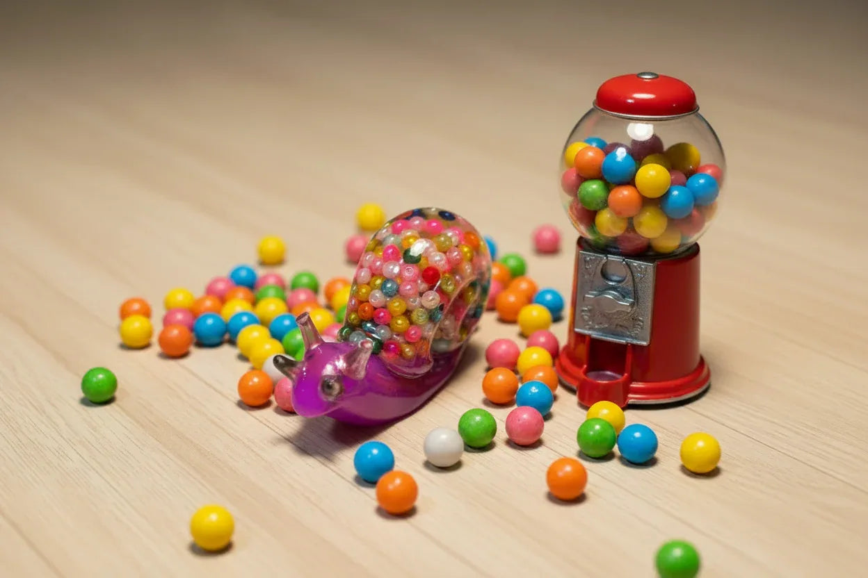 **Handcrafted Bright Violet Multicolor Beaded Resin Snail Figurine - Rainbow "Gumball" Maximalist Decor | Whimsical Artisan Desk Pet by Crazy Chaotic Crafter**