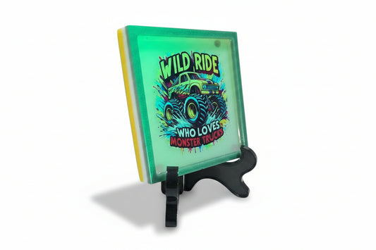 *Handcrafted "Wild Ride" Monster Truck Resin Art Plaque – Teal Marbled Wall Decor | Kids Room & Playroom Art | Crazy Chaotic Crafter*