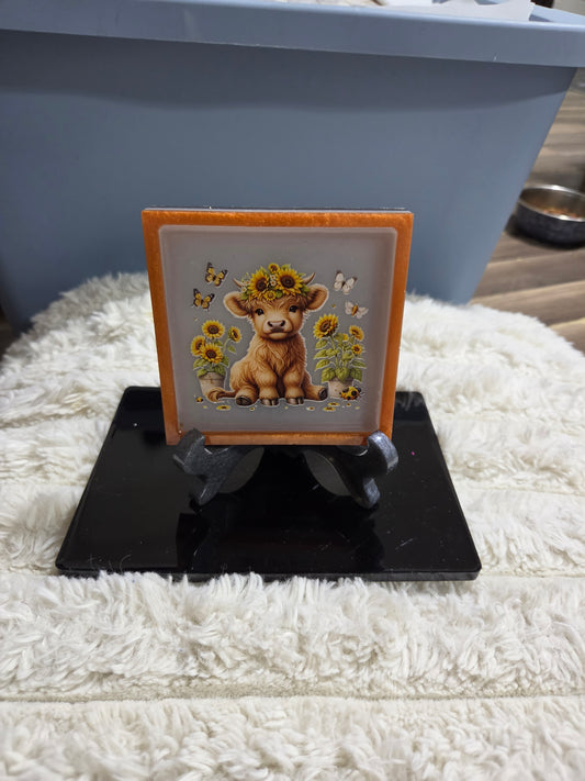 Square Plaque/Display with Highland Cow Calf, Butterflies and Sunflowers