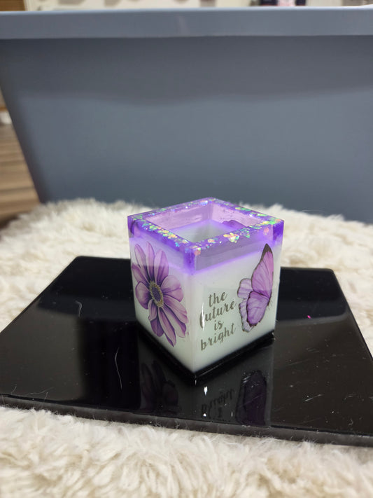Square Handcrafted Resin Jar Layered in Purple White & Black w/ Butterflies Flowers and Quotes