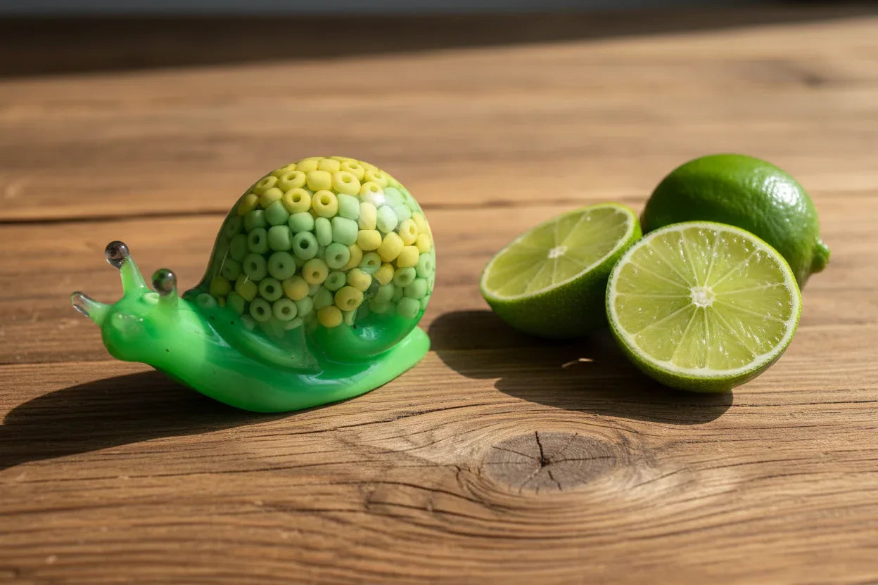 **Handcrafted Key Lime Beaded Resin Snail Figurine - Vibrant Green Maximalist Decor | Whimsical Artisan Desk Companion by Crazy Chaotic Crafter**