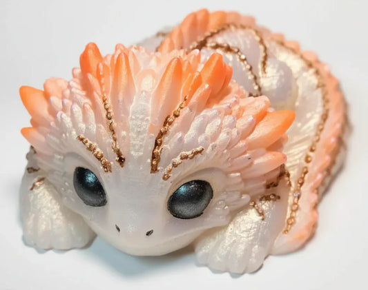 **Hand-Painted Pearlescent Dragon Hatchling Figurine - Sunset Orange & Gold Fantasy Creature Decor**