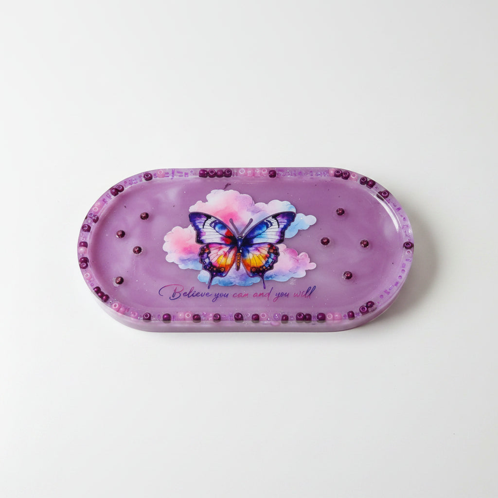 "Believe you can and you will" oblong gem-studded and beaded butterfly tray