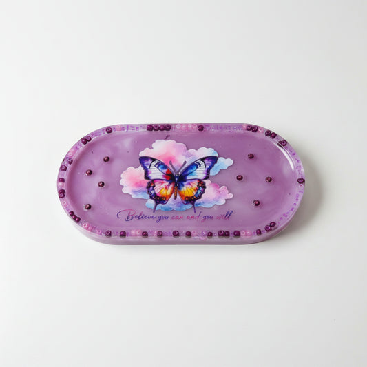 "Believe you can and you will" oblong gem-studded and beaded butterfly tray