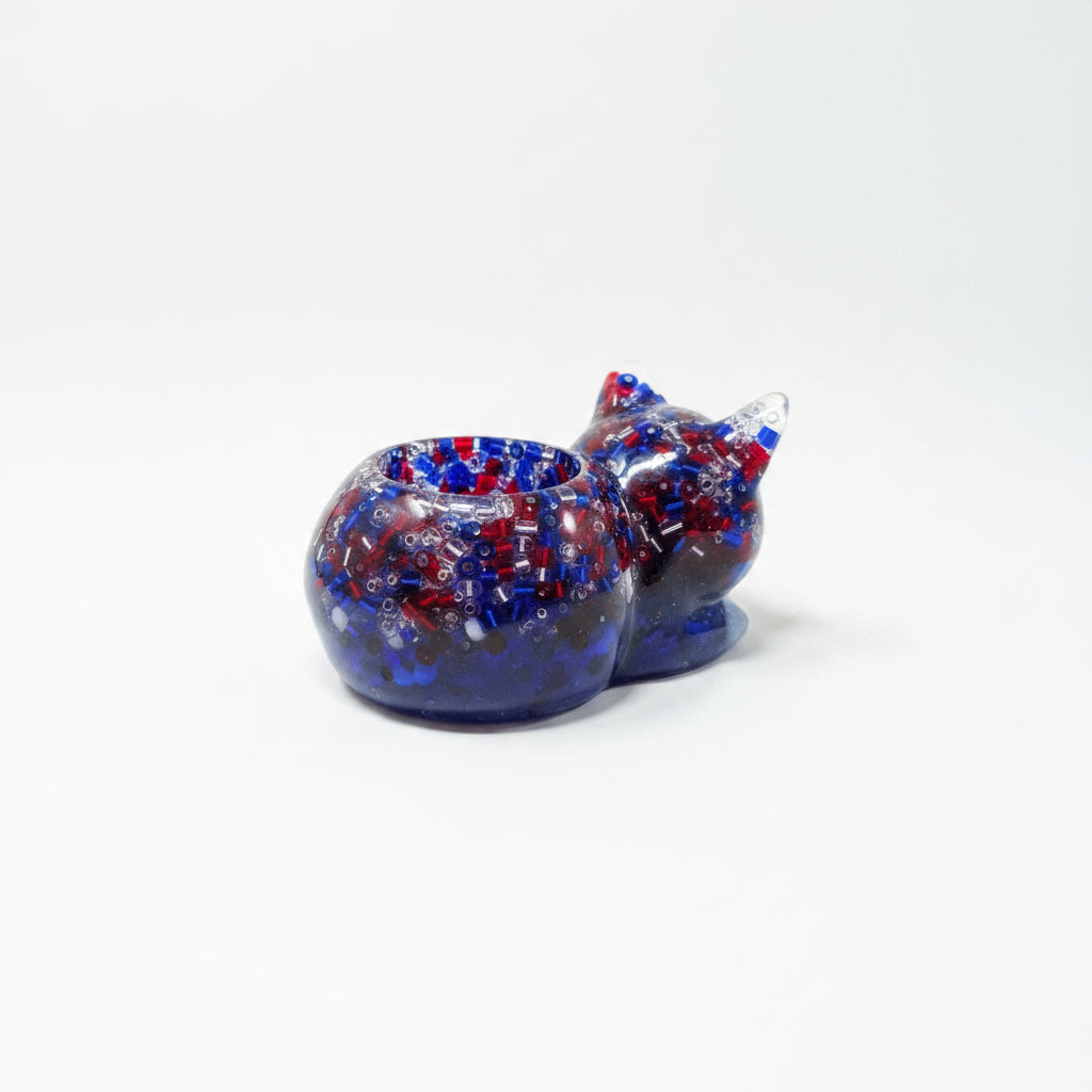 Red, White & Blue Handcrafted Beaded Resin Cat Tealight Holder