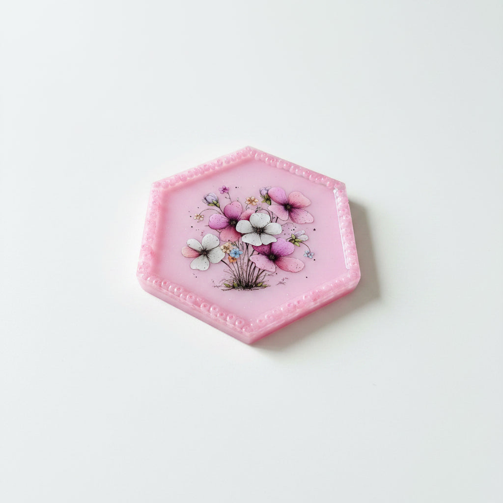 Pink Hexagon Tray with Beaded Border and Floral Design