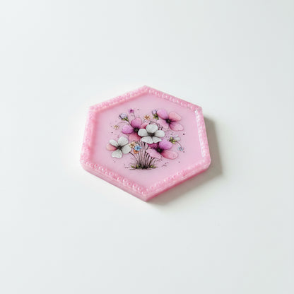 Pink Hexagon Tray with Beaded Border and Floral Design