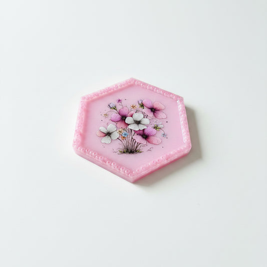Pink Hexagon Tray with Beaded Border and Floral Design