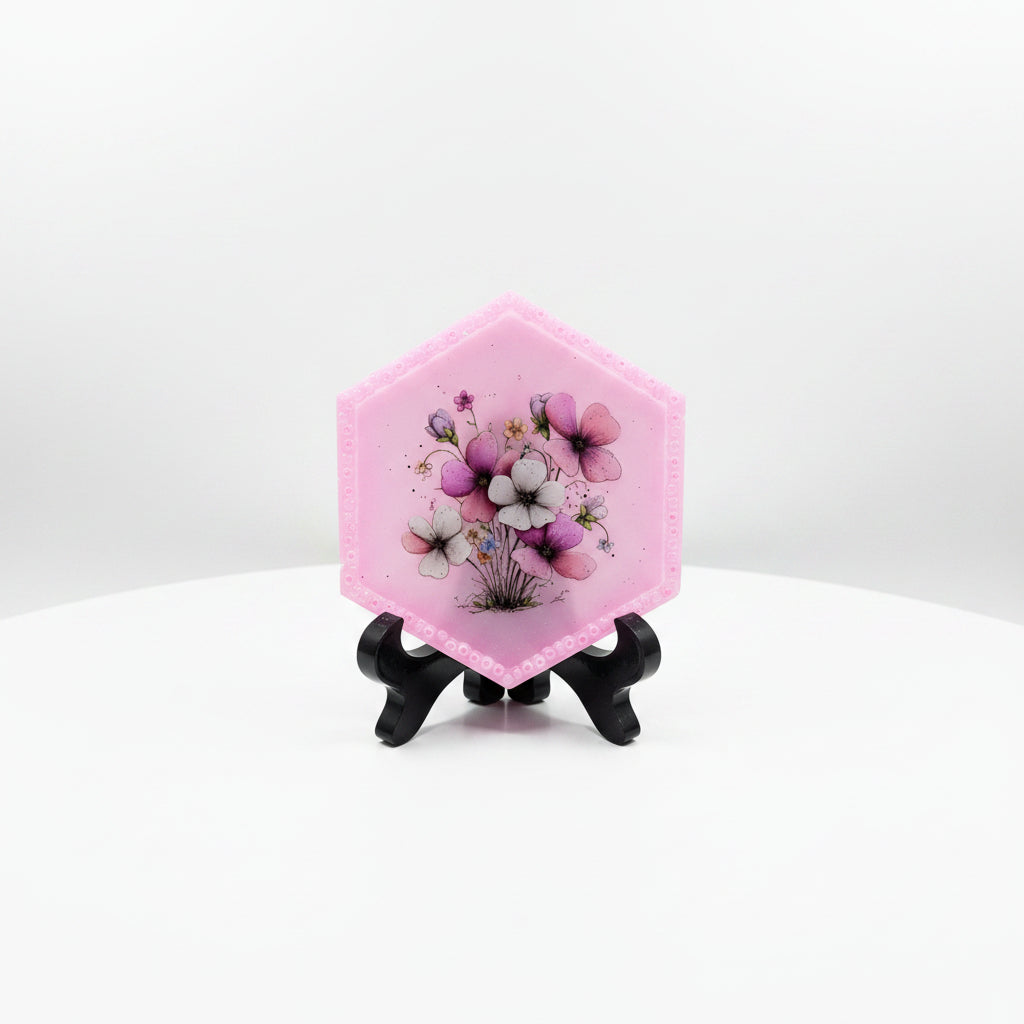 Pink Hexagon Tray with Beaded Border and Floral Design