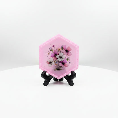 Pink Hexagon Tray with Beaded Border and Floral Design