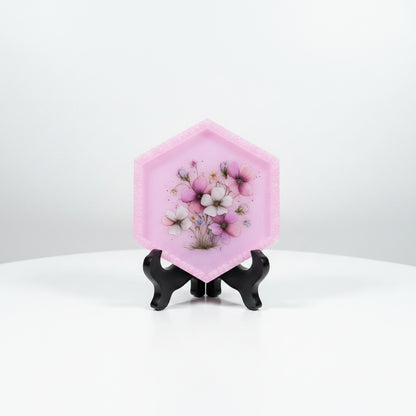 Pink Hexagon Tray with Beaded Border and Floral Design