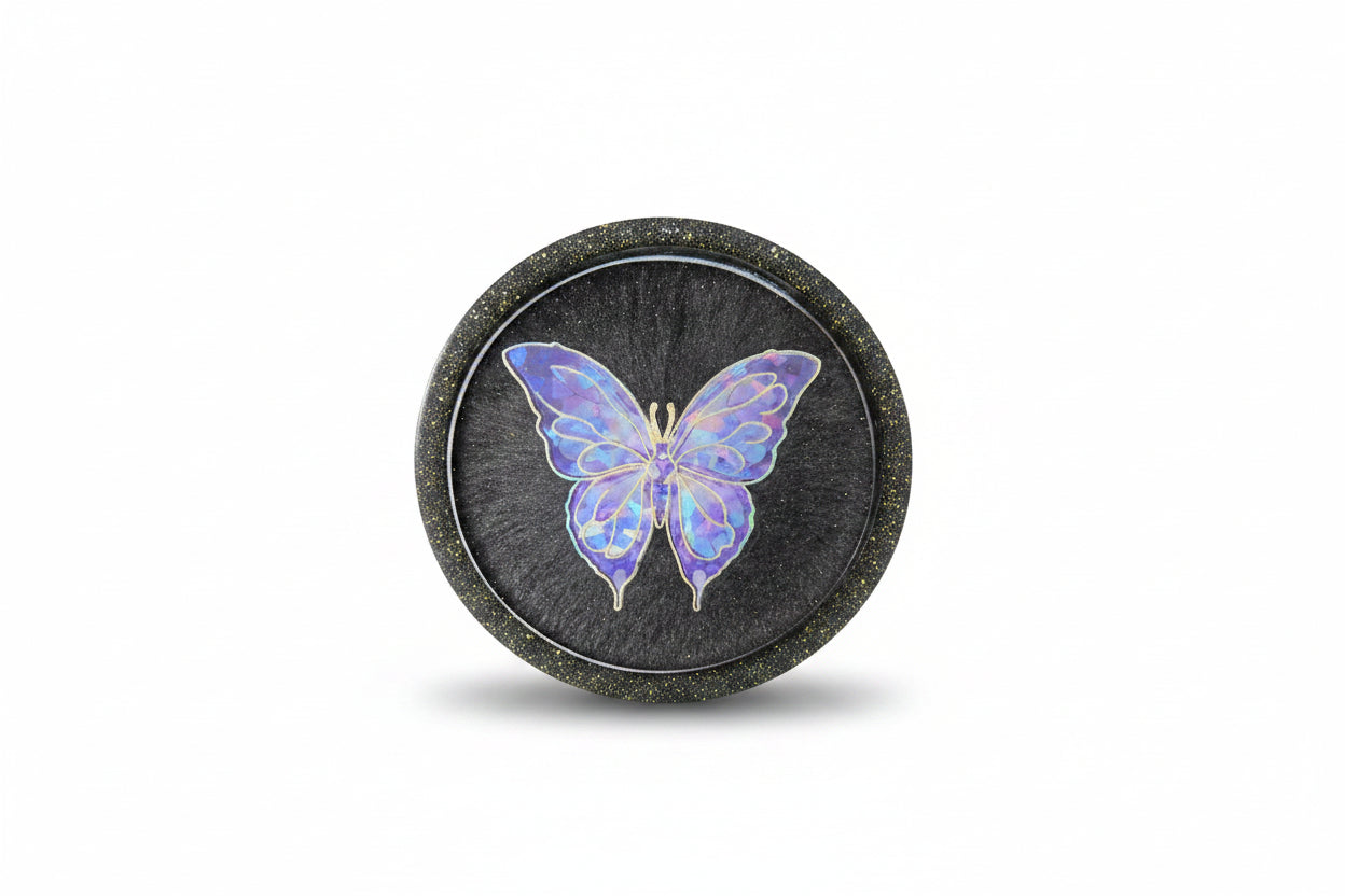 **Handcrafted Midnight Black Butterfly Resin Coaster Set with Holder - Black & Silver Celestial Decor | Crazy Chaotic Crafter**