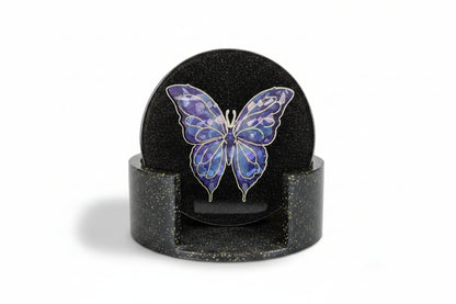 **Handcrafted Midnight Black Butterfly Resin Coaster Set with Holder - Black & Silver Celestial Decor | Crazy Chaotic Crafter**