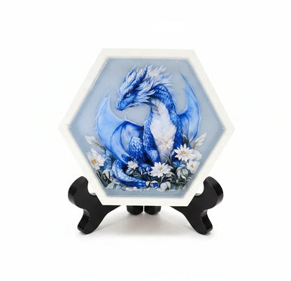 Hexagon Blue Dragon on Blue/White Trinket Tray or Wall Decor