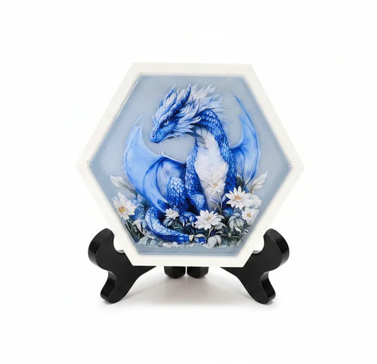 Hexagon Blue Dragon on Blue/White Trinket Tray or Wall Decor