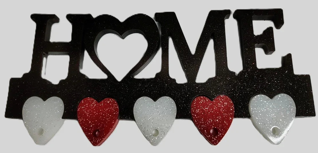 **Handcrafted Brown Glitter "HOME" Resin Key Rack - White and Red Heart Tags Wall Decor | Crazy Chaotic Crafter**