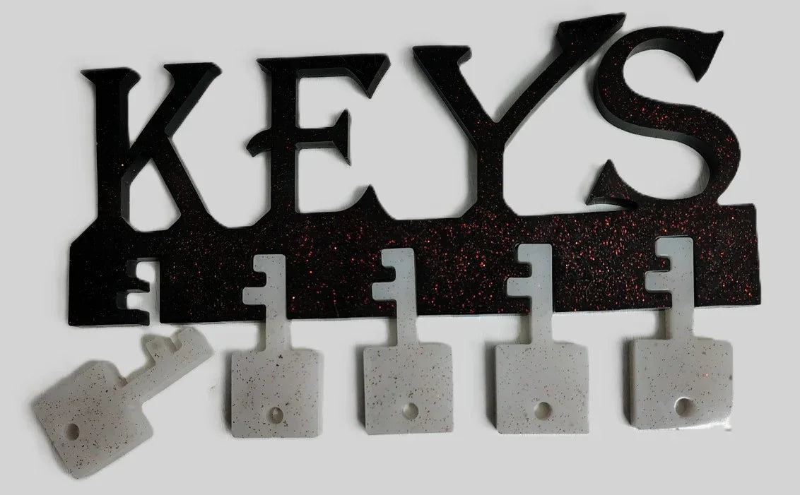 **Handcrafted Black with Red Glitter and Gray "KEYS" Resin Key Rack - Neutral Entryway Organization | Crazy Chaotic Crafter**