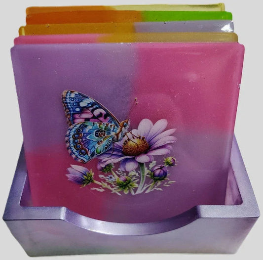 **Handcrafted Rainbow Pastel Butterfly Resin Coaster Set with Holder - Whimsical Summer Table Decor | Crazy Chaotic Crafter**