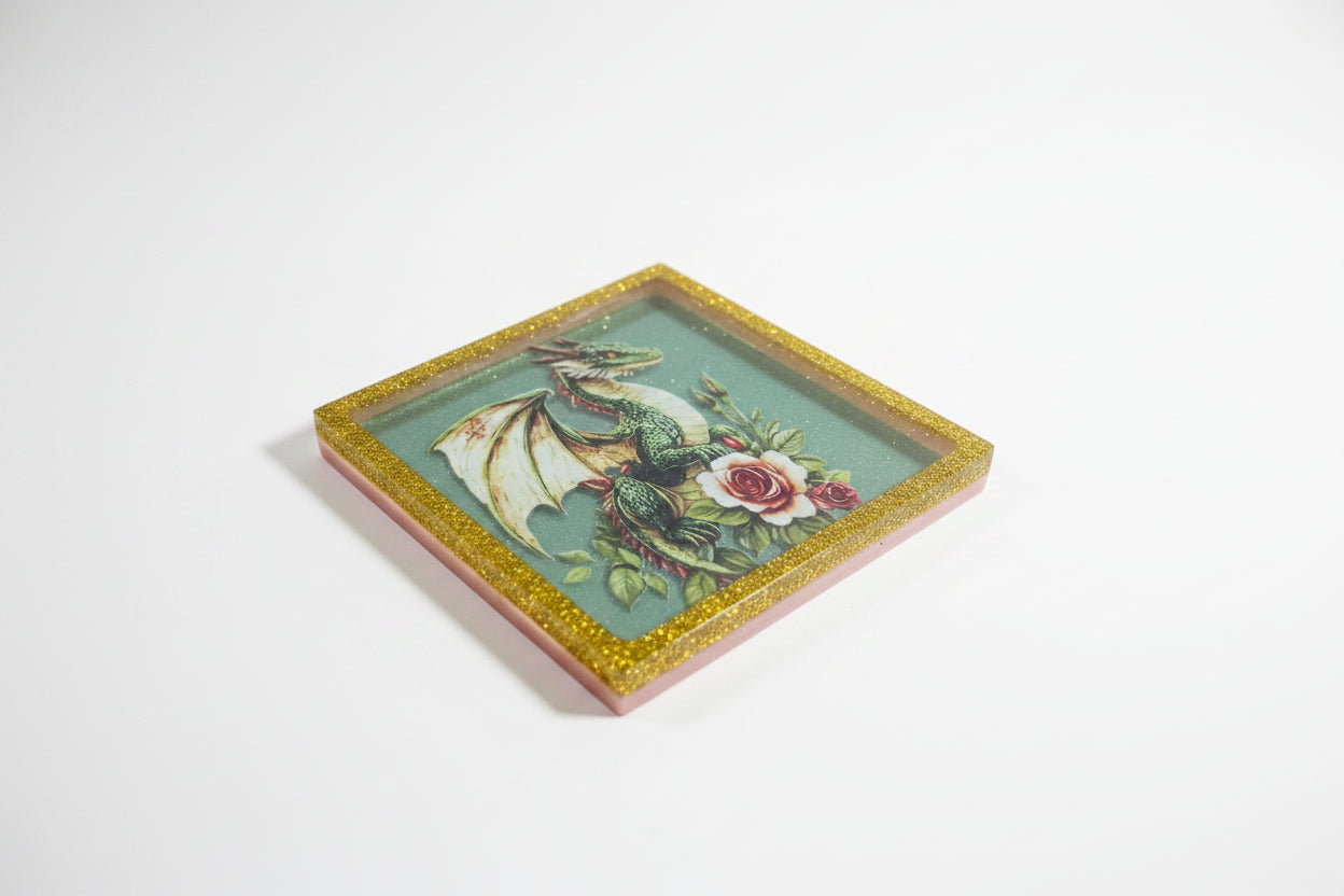 **Handcrafted Green Rose Dragon Resin Plaque - Enchanted Forest Fantasy Decor | Crazy Chaotic Crafter**