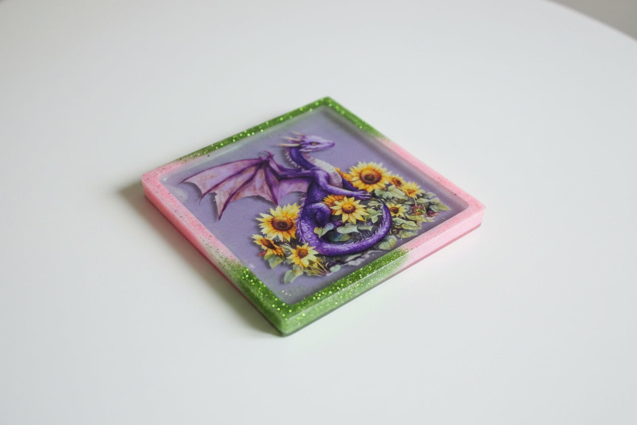 **Handcrafted Purple Sunflower Dragon Resin Plaque - Whimsical Summer Fantasy Decor | Crazy Chaotic Crafter**