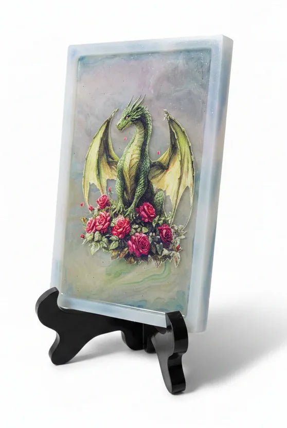 **Handcrafted Green Dragon & Roses Resin Wall Plaque - Fantasy Art Decor Tray | Crazy Chaotic Crafter**