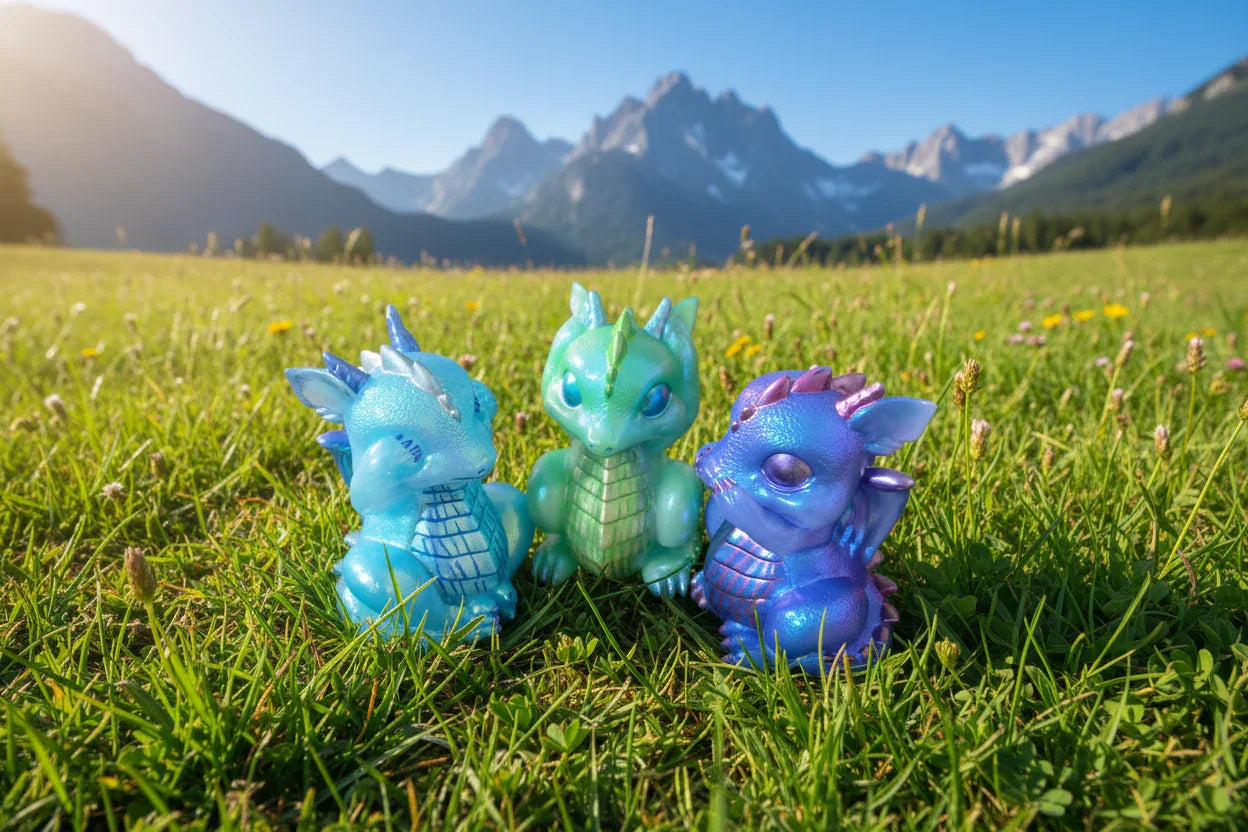 **Handcrafted Iridescent Baby Dragon Figurine Set of 3 - Blue, Teal, Purple | Whimsical Fantasy Decor Bundle by Crazy Chaotic Crafter**