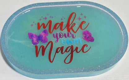 **Handcrafted "Make Your Own Magic" Resin Trinket Tray - Teal Butterfly Jewelry Dish | Inspirational Vanity Decor by Crazy Chaotic Crafter**