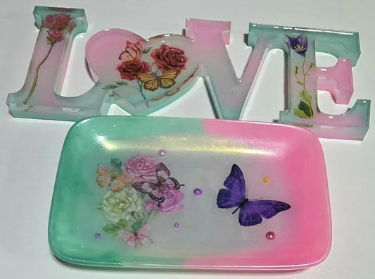 **Handcrafted Pink & Mint Floral "LOVE" Resin Sign - Butterfly Tray Set | Crazy Chaotic Crafter**