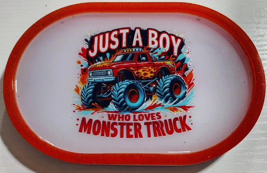 **Handcrafted "Just A Boy Who Loves Monster Trucks" Resin Tray | Red Sparkle Action Decor for Boys by Crazy Chaotic Crafter**