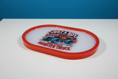 **Handcrafted "Just A Boy Who Loves Monster Trucks" Resin Tray | Red Sparkle Action Decor for Boys by Crazy Chaotic Crafter**