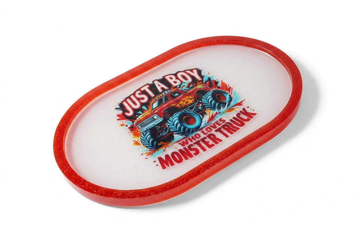 **Handcrafted "Just A Boy Who Loves Monster Trucks" Resin Tray | Red Sparkle Action Decor for Boys by Crazy Chaotic Crafter**
