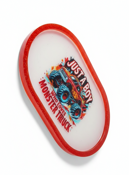**Handcrafted "Just A Boy Who Loves Monster Trucks" Resin Tray | Red Sparkle Action Decor for Boys by Crazy Chaotic Crafter**