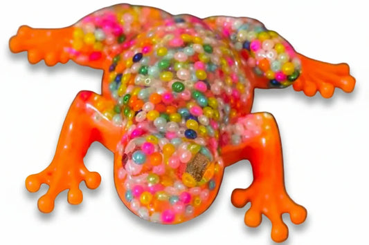 **Handcrafted Neon Orange Beaded Resin Frog Figurine - Vibrant Maximalist Animal Decor | Playful Desk Accessory by Crazy Chaotic Crafter**
