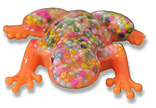 **Handcrafted Neon Orange Beaded Resin Frog Figurine - Vibrant Maximalist Animal Decor | Playful Desk Accessory by Crazy Chaotic Crafter**