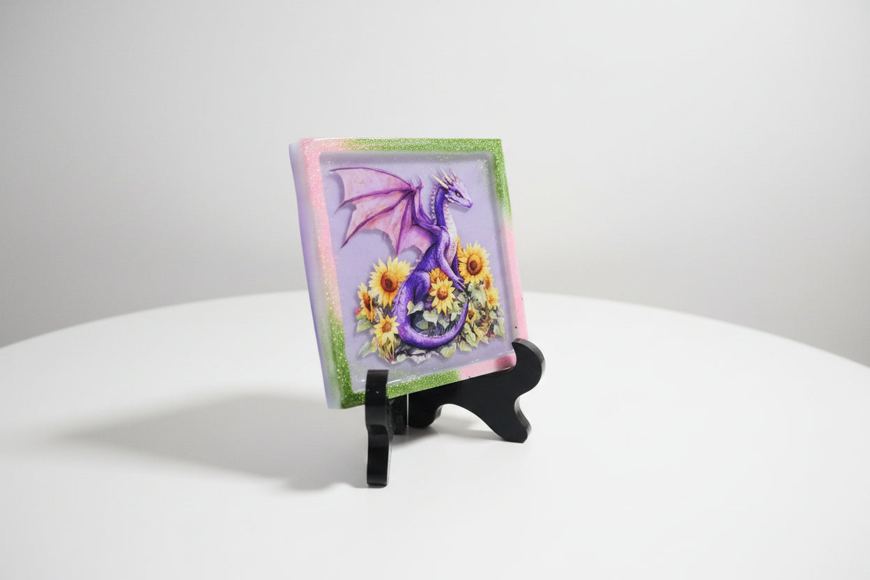 **Handcrafted Purple Sunflower Dragon Resin Plaque - Whimsical Summer Fantasy Decor | Crazy Chaotic Crafter**
