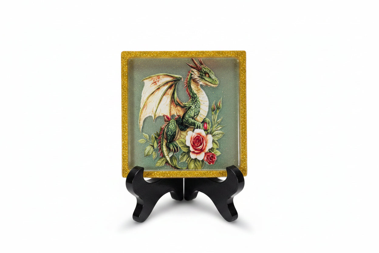 **Handcrafted Green Rose Dragon Resin Plaque - Enchanted Forest Fantasy Decor | Crazy Chaotic Crafter**