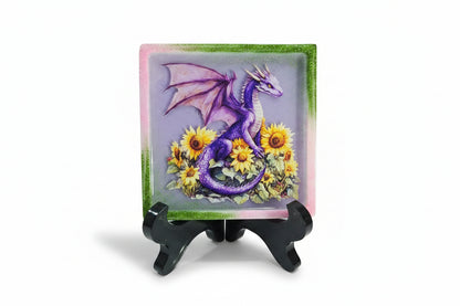 **Handcrafted Purple Sunflower Dragon Resin Plaque - Whimsical Summer Fantasy Decor | Crazy Chaotic Crafter**