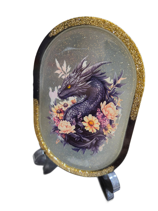 Rectangular or Oblong Black/Gold Framed Handcrafted Resin Tray/Display featuring Black Dragons