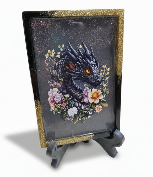 Rectangular or Oblong Black/Gold Framed Handcrafted Resin Tray/Display featuring Black Dragons