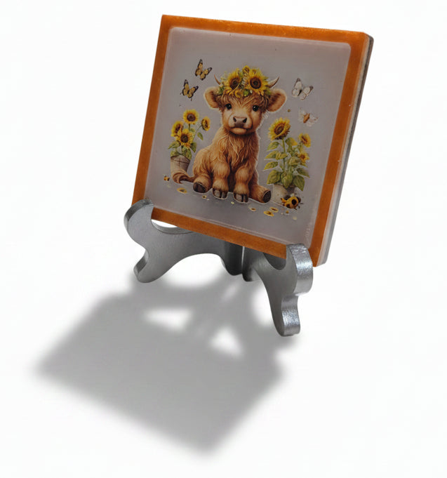 Square Plaque/Display with Highland Cow Calf, Butterflies and Sunflowers