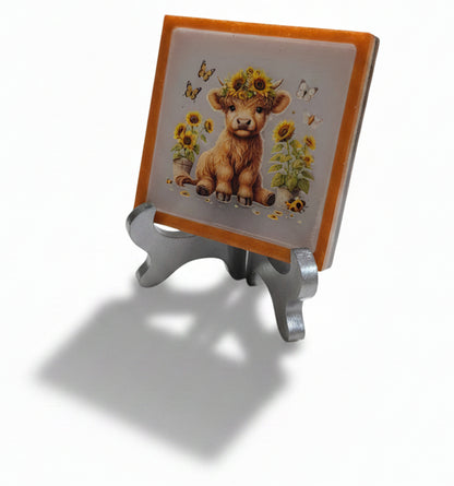 Square Plaque/Display with Highland Cow Calf, Butterflies and Sunflowers